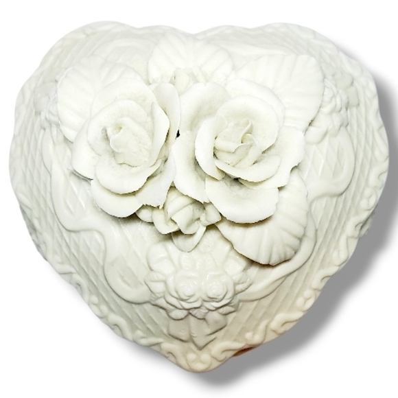 New Vintage White Bisque Ceramic Trinket Box Large Floral Rose Design Decorative